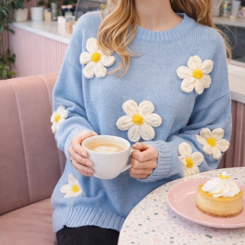 Light blue knit daisy flower sweater oversized preppy